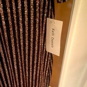 metallic gold and dark brown shimmery mid length cocktail dress very chic